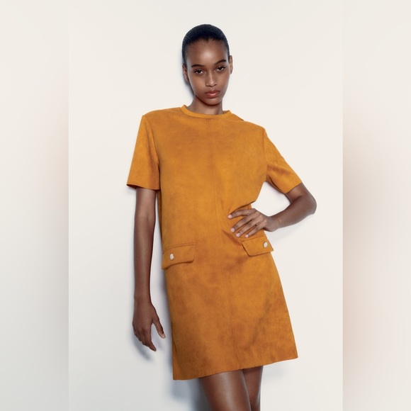 ZARA FAUX SUEDE BASIC DRESS SIZE S NEW WITH TAGS DARK ORANGE - Picture 2 of 10